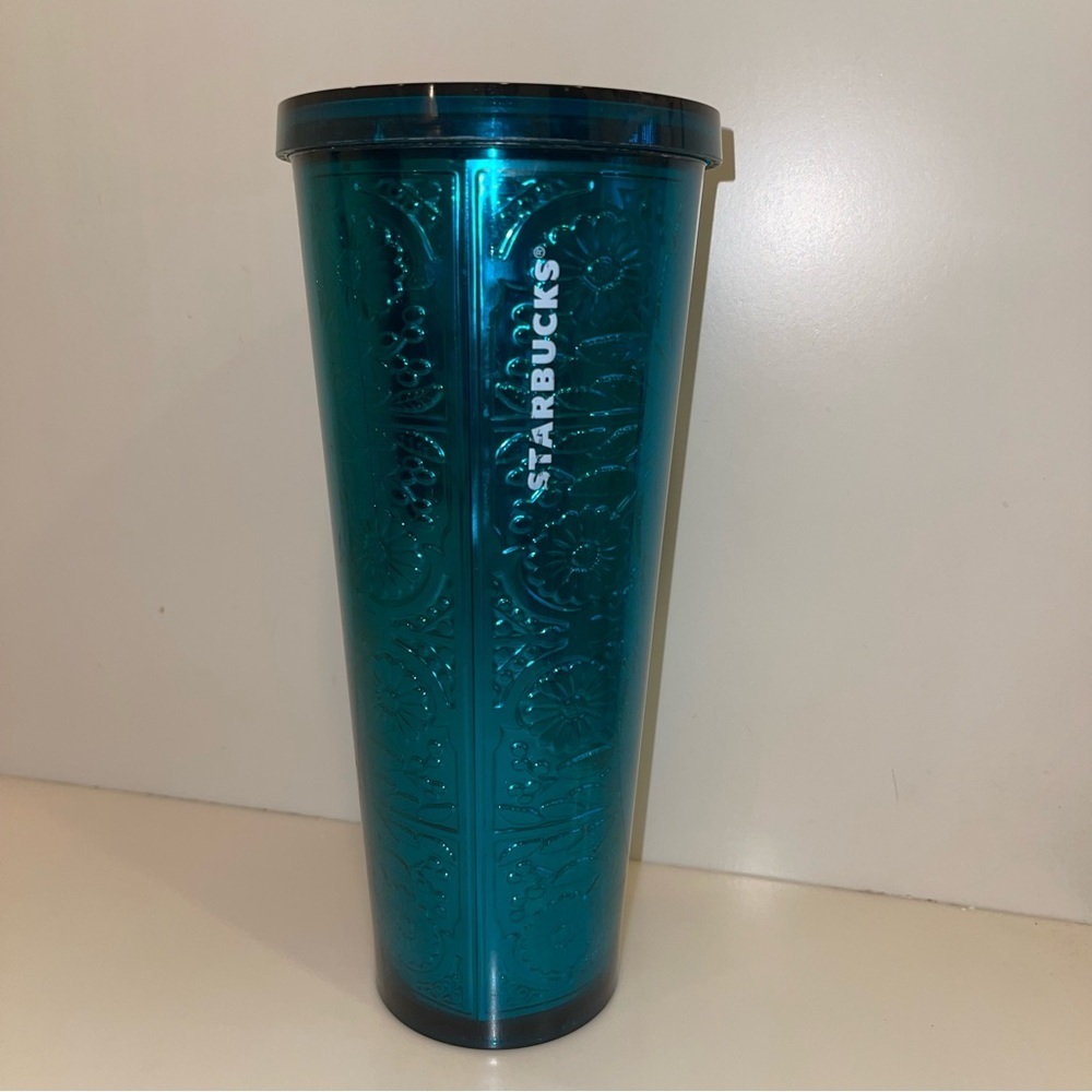 2017 Starbucks Embossed Metallic Foil Teal Floral Tumbler